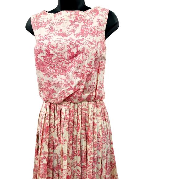 Vintage Toile Pink Cottage Core Pleated Midi Dress - Picture 4 of 7